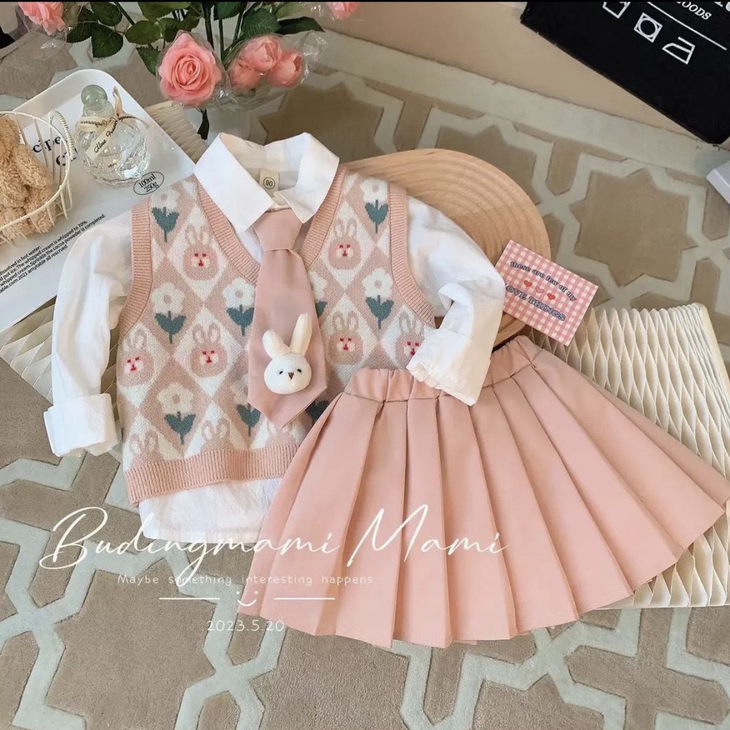 Set Đồ Thời Trang Mùa Xuân 2023 Gồm Áo Sweater Dệt Kim Ba Món Phong Cách Preppy Cho Bé Gái