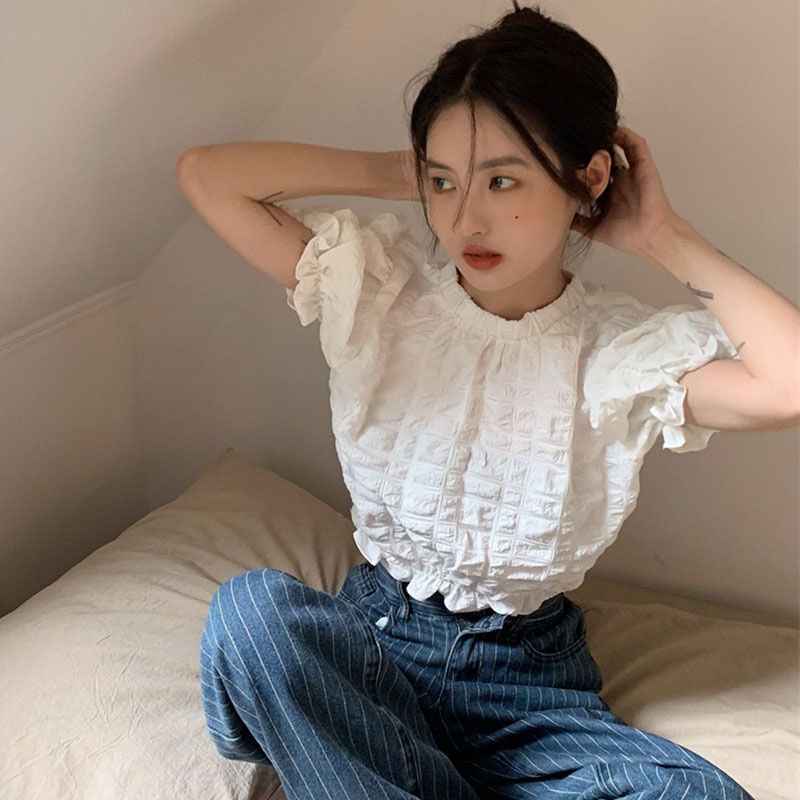 IELGY   Áo Sơ Mi Tay Phồng Màu Trắng Thiết Kế Đơn Giản Dành Cho Nữ