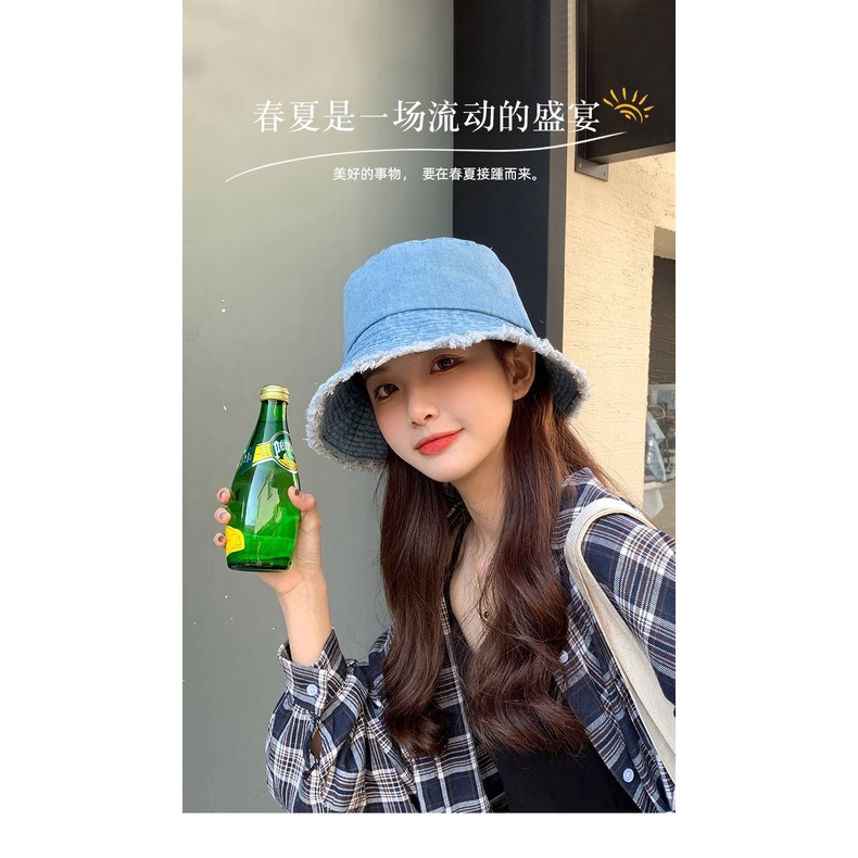 Mũ Bucket Che Phủ Mặt Bằng Vải Denim Sờn Thoáng Khí Thời Trang Xuân Thu Dành Cho Bạn Nữ