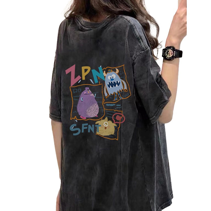 Áo thun NRVP 100% cotton tay ngắn dáng suông in họa tiết hoạt hình phong cách Hàn Quốc cho nữ