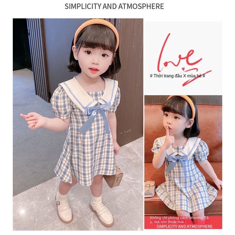 Đầm Công Chúa Tay Phồng Cổ Búp Bê Họa Tiết Sọc Caro Thời Trang Mùa Hè Mới Cho Bé Gái
