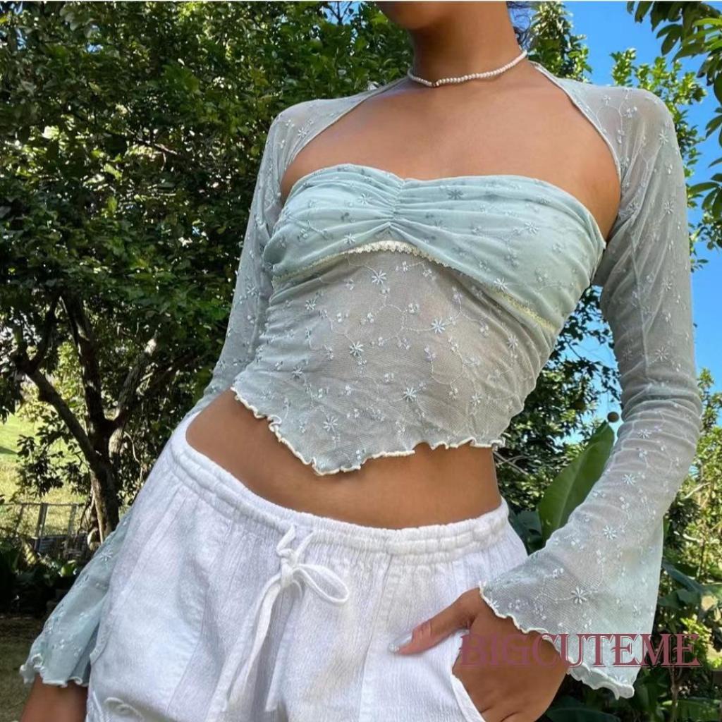 [] 2 Món Áo Ống Ren Lưới + Áo Hoa Tay Dài Cho Nữ Ốp Điện Thoại Màu Xanh Dương Thời Trang Cho Y2K Y2K