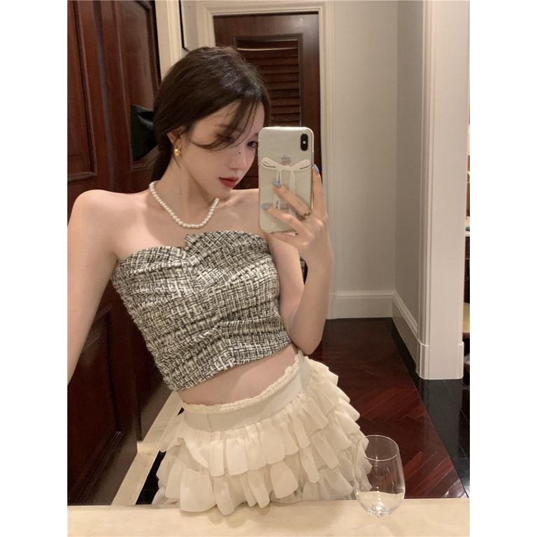 Áo Ống Vải Tweed Xếp Ly Hở Lưng Không Dây Mặc Bên Ngoài Họa Tiết Ca Rô Chống Chói Thời Trang Mùa Hè