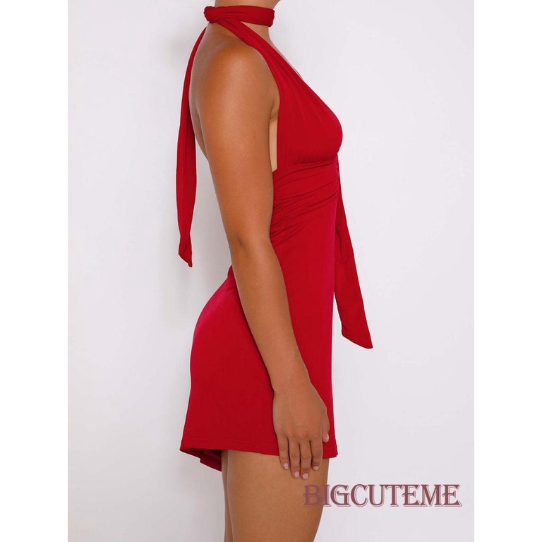 [] - Đầm Hai Dây Cổ Chữ V Màu Trơn Không Tay Hở Lưng Mini Đỏ / Đen Cho Nữ