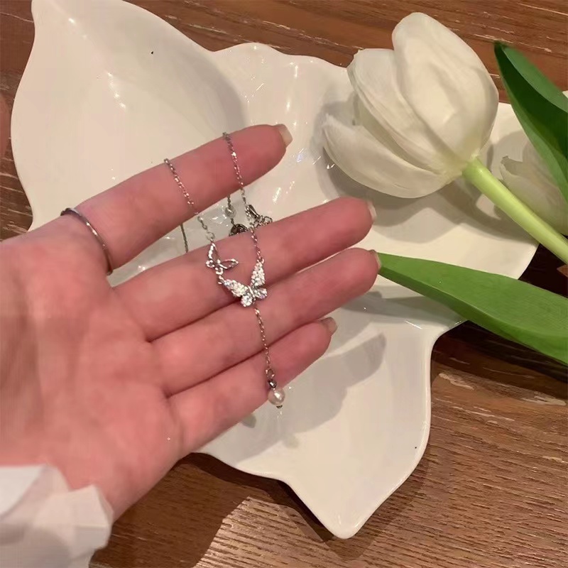 Vòng cổ Mạ Bạc 925 Mặt Hình Bướm Đính Đá Zircon Đơn Giản Cho Nữ