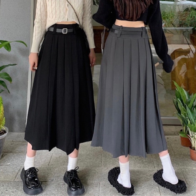 Chân váy dài Ulzzang 2 đai cạp thắt lưng xếp ly TENNIS dáng Midi xòe có BIGSIZE màu nâu đen ghi xám 