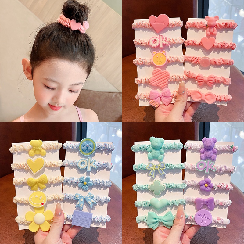 Set 5 Dây Cột Tóc Co Giãn Hình Hoạt Hình Phong Cách Hàn Quốc Cho Nữ