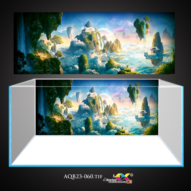 Tranh 3D Koifish - Tranh 3D dán bể cá - Núi và bầu trời xanh - In theo kích thước yêu cầu