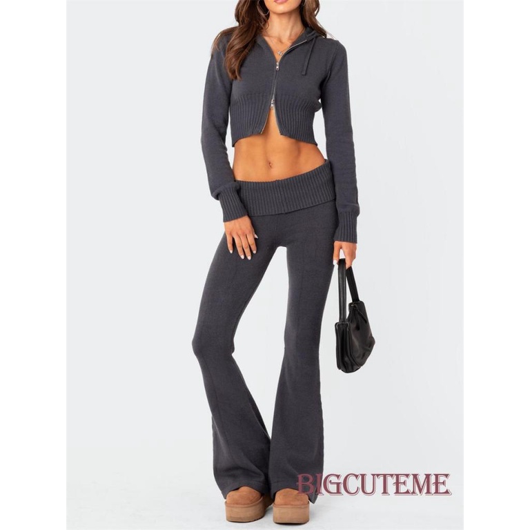 Set Đồ Mùa Thu 2 Món Gồm Áo Tay Dài Có Khóa Kéo + Quần Ống Loe Màu Trơn Cho Nữ