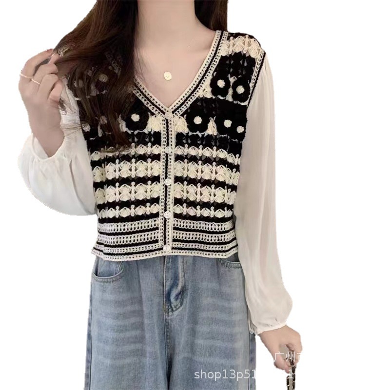 Áo Sơ Mi chiffon Ngắn Dáng Rộng Cổ Chữ V Phối Ren Màu Tương Phản Kiểu Pháp