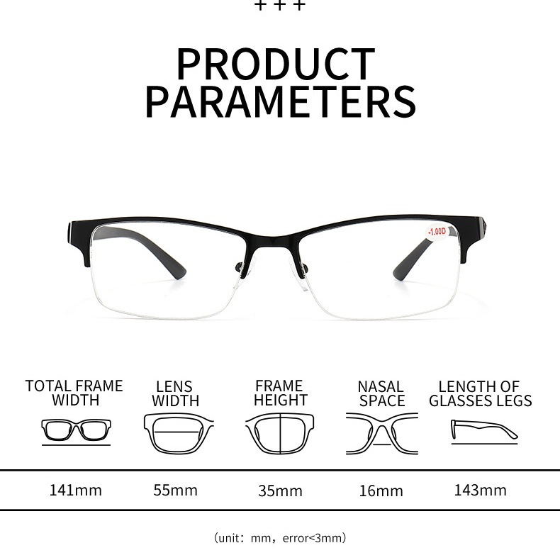 0~-600° Kính Nửa Gọng Kim Loại Mới Cho Nam