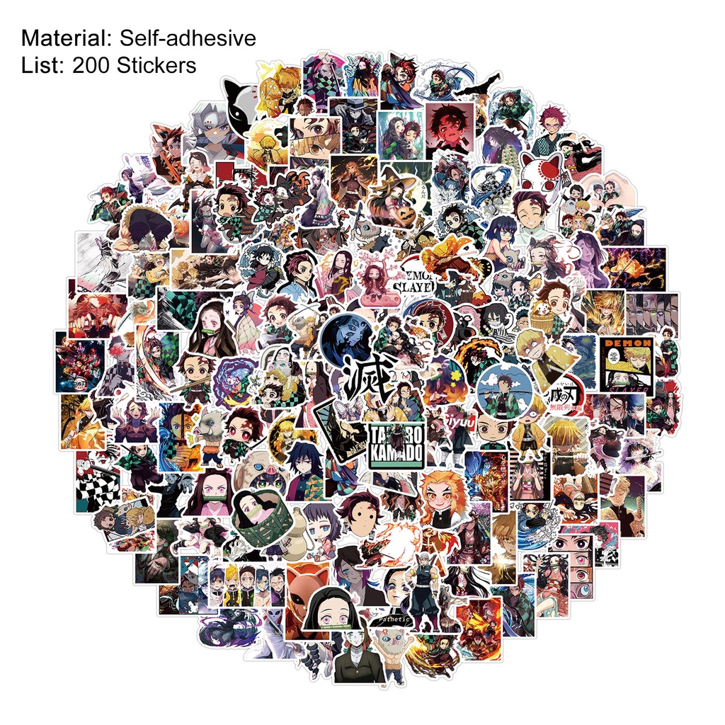 Set 200 Miếng Dán Chống Thấm Nước Hình Anime Demon Slayer Trang Trí Laptop