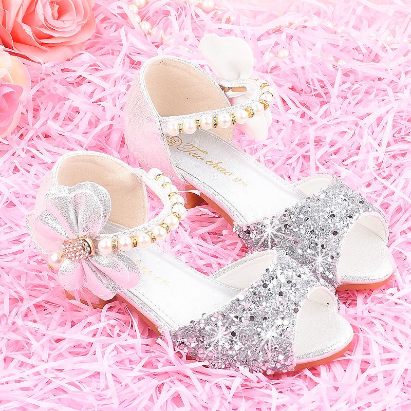 Xăng đan Cao Gót Mùa Hè Đính Nơ Lớn Màu Hồng Phong Cách Công Chúa Mới Cho Bé Gái Biểu Diễn Trình Diễn