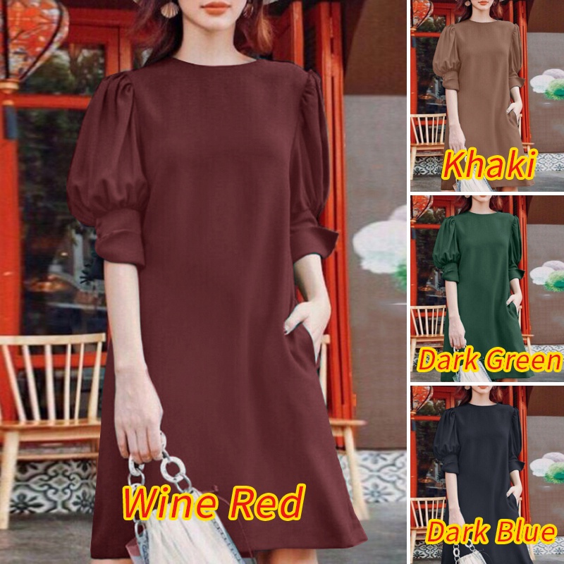 Đầm ZANZEA tay phồng cổ tròn màu trơn phong cách châu Âu thời trang cho nữ