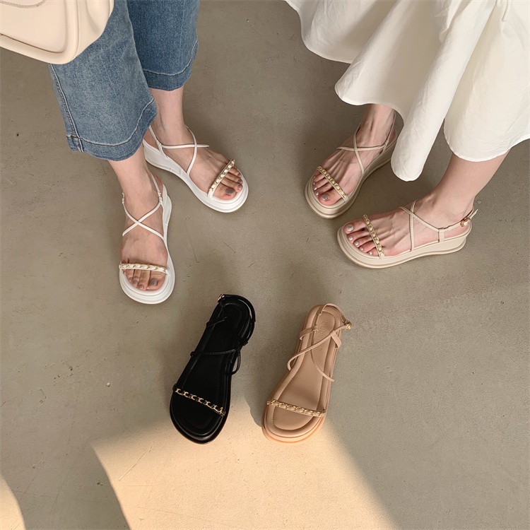 Sandal Đế Xuồng Hở Ngón Phối Dây Xích Kim Loại Thời Trang 2023 Dành Cho Nữ