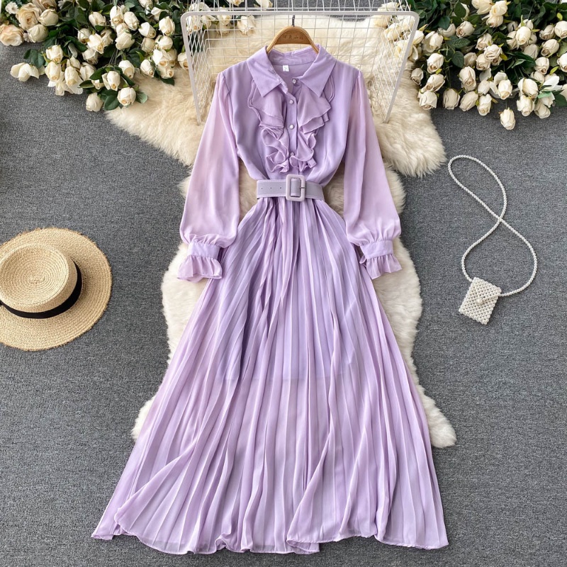 Đầm Sơ Mi Chiffon Dáng Chữ A Tay Dài Màu Trơn Eo Cao Xếp Ly Phối Bèo Kiểu Vintage Pháp Thời Trang Xuân Hè Cho Nữ