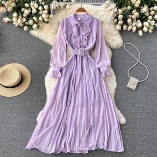 Đầm Sơ Mi Chiffon Dáng Chữ A Tay Dài Màu Trơn Eo Cao Xếp Ly Phối Bèo Kiểu Vintage Pháp Thời Trang Xuân Hè Cho Nữ