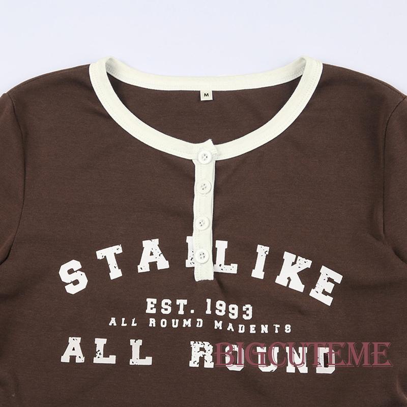 Áo Thun Crop Top Tay Dài Cổ Chữ V In Chữ Phong Cách Retro Dành Cho Nữ