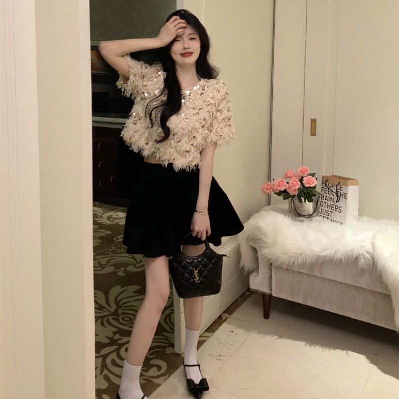 Áo Thun Tay Ngắn Cổ Tròn Dáng Rộng Đính Kim Sa Lấp Lánh Thời Trang Mùa Hè Cho Nữ