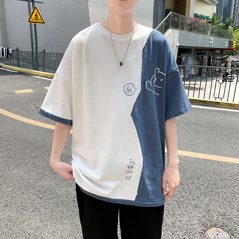 Áo Thun Ngắn Tay Dáng Rộng In Họa Tiết Màu Sắc Tương Phản Thời Trang Cho Nam