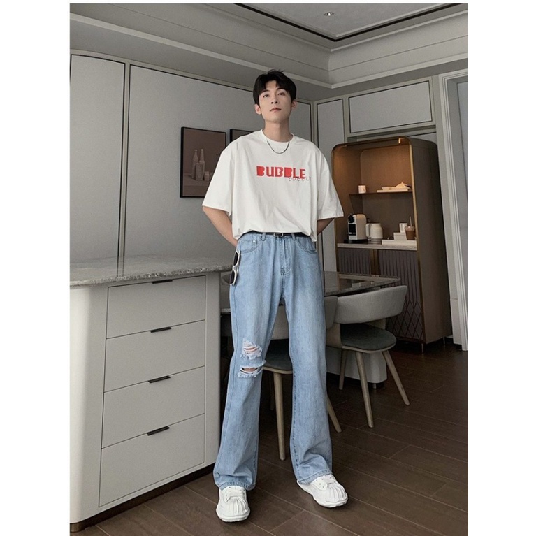 Quần Jean Rách Gối Dáng Rộng Thời Trang Mùa Hè Phong Cách Hàn Quốc Cho Nam