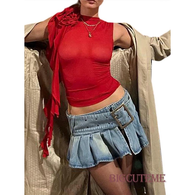 [] Áo Lưới Không Tay Cổ Tròn Màu Trơn 3D Thời Trang Màu Đen / Đỏ Dành Cho Nữ