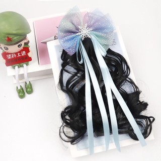  Kẹp Tóc Bé Gái - Kẹp Tóc Giả Xoăn Sóng Dài 20cm Gắn Nơ Xanh Xinh Xắn MyBaby 