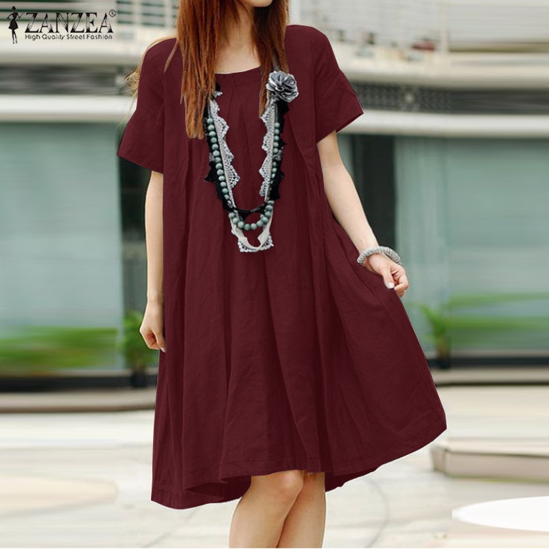 Đầm ZANZEA dáng rộng cổ tròn tay ngắn thiết kế xếp ly phong cách Hàn Quốc thời trang dành cho nữ