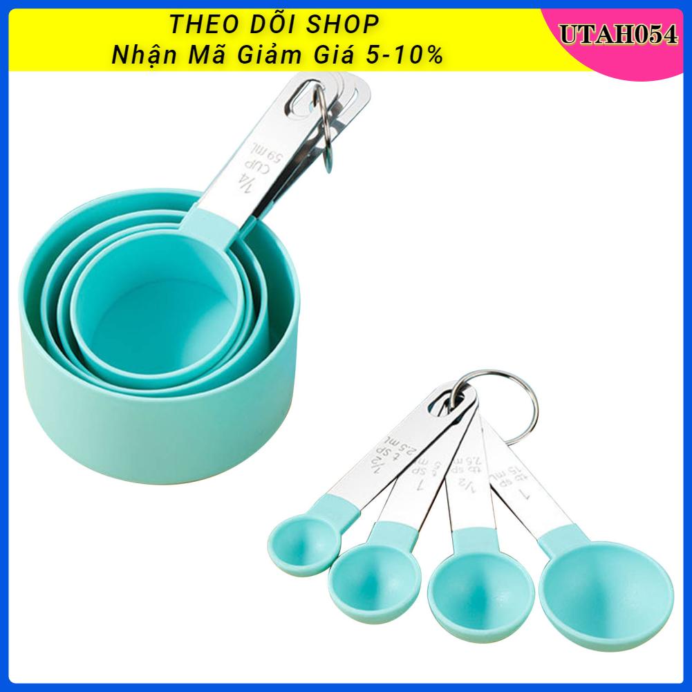 Utah054 8 chiếc cốc và thìa đo lường Phụ kiện làm bánh bằng thép không gỉ PP màu xanh lá cây cho dụng cụ nhà bếp