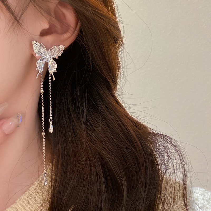 Đôi Bông Tai Dáng Dài Hình Bướm Xếp Ly Đính Đá Thời Trang Cho Nữ