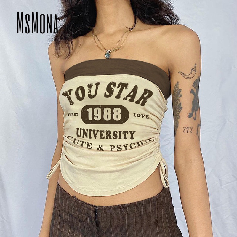 MsMona Áo Ống Mỏng Vừa Vặn Hở Vai In Chữ Màu Tương Phản Thời Trang 2023 Cho Nữ