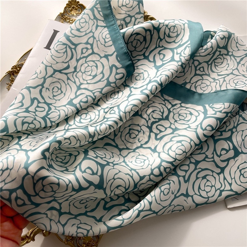 Khăn Choàng Cổ Hình Vuông 70x70CM Bằng Lụa In Họa Tiết Hoa Trà Xanh Đơn Giản Thanh Lịch