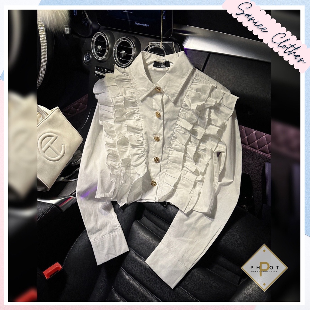 Áo sơ mi tay dài dáng ngắn áo sơmi bèo ngực dáng lửng khuy ngọc siêu xinh SanieeClothes