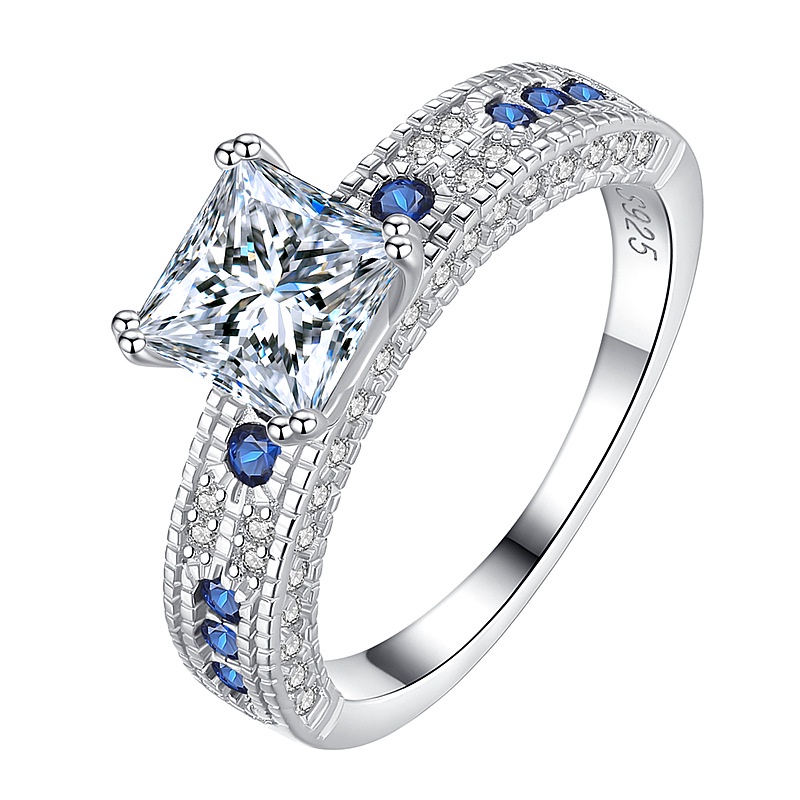 Moissanite Kim cương (6mm) Nhẫn vuông nữ 925 bạc 1.2CT có thể vượt qua bút kim cương có thể kiểm tra giấy chứng nhận giám định D đường nữ nhẫn công chúa vuông kim cương vòng đeo tay
