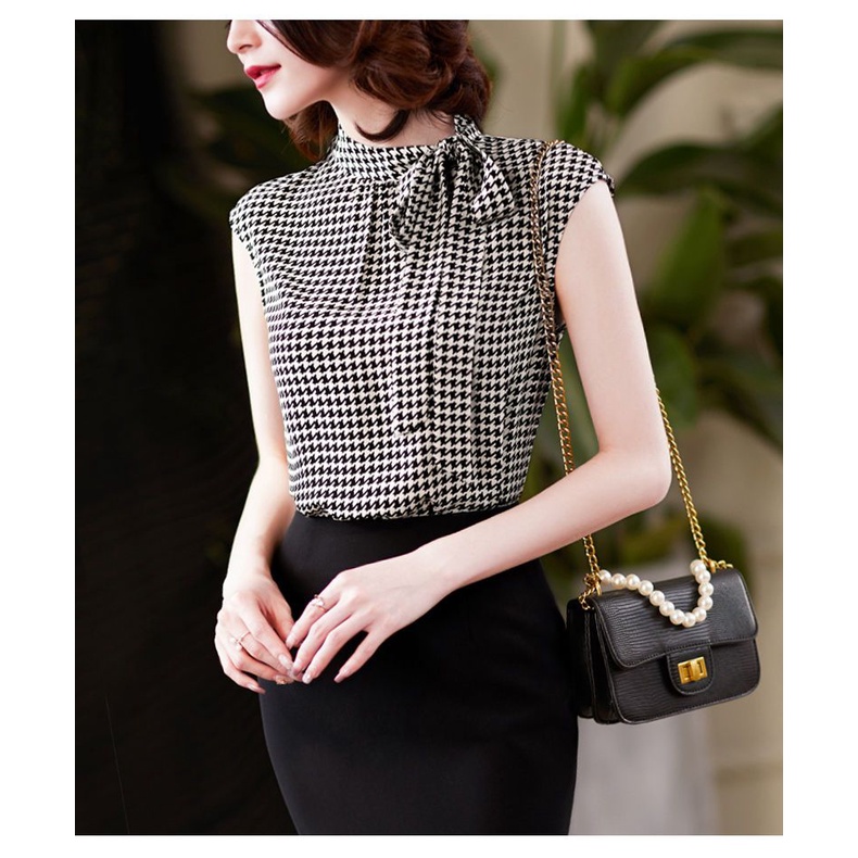 Áo Sơ Mi Chiffon Tay Ngắn Thắt Nơ Họa Tiết Kẻ Ô N530 Mới Cho Nữ