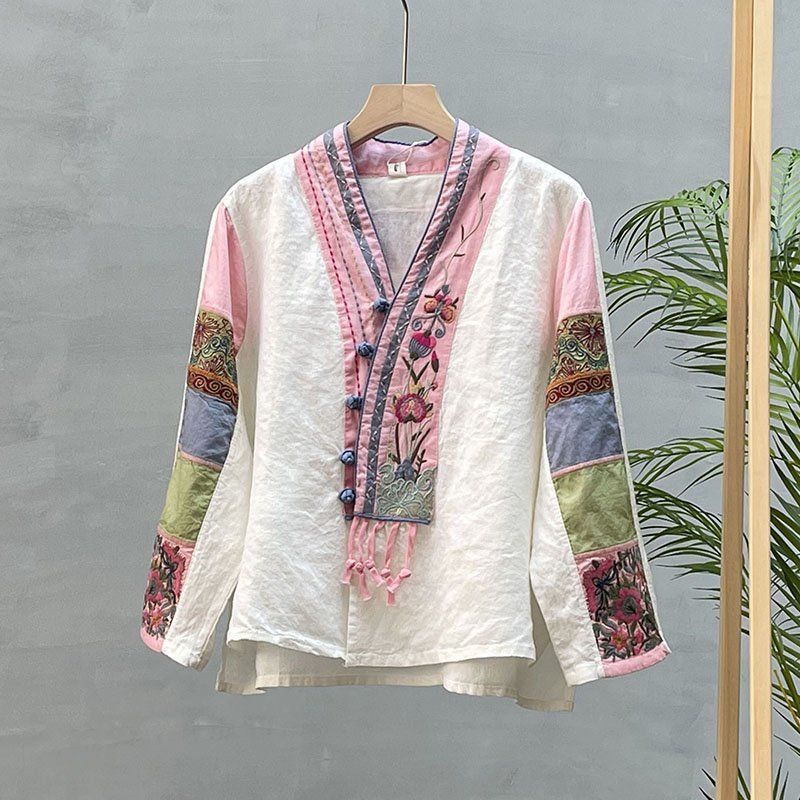 Áo Kiểu Vải Lanh Tay Dài Cổ Chữ V Phối Tua Rua Thêu Họa Tiết Phong Cách Retro