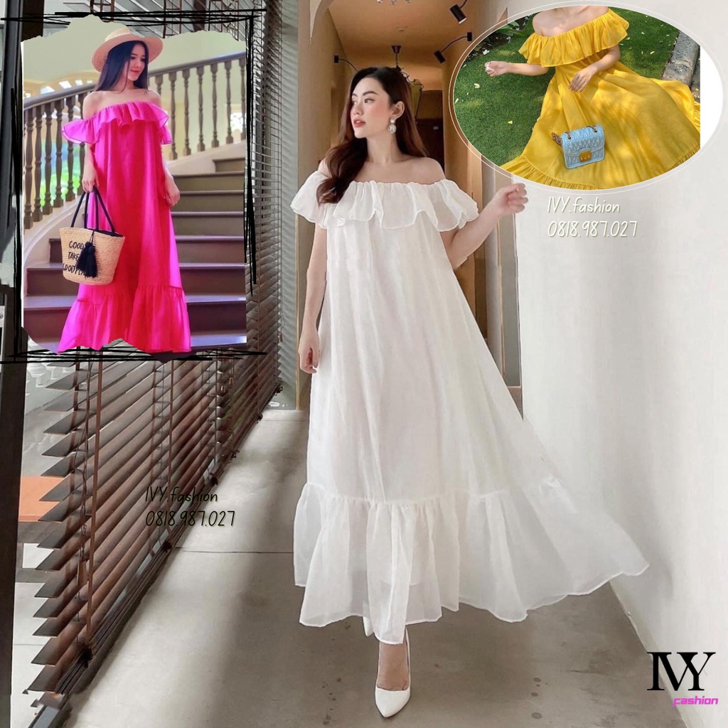 Đầm váy maxi suông dài 🔥tơ lót lụa🔥 bẹt vai đuôi cá hồng trắng vàng, đi biển dự tiệc dạo phố bigsize gợi cảm