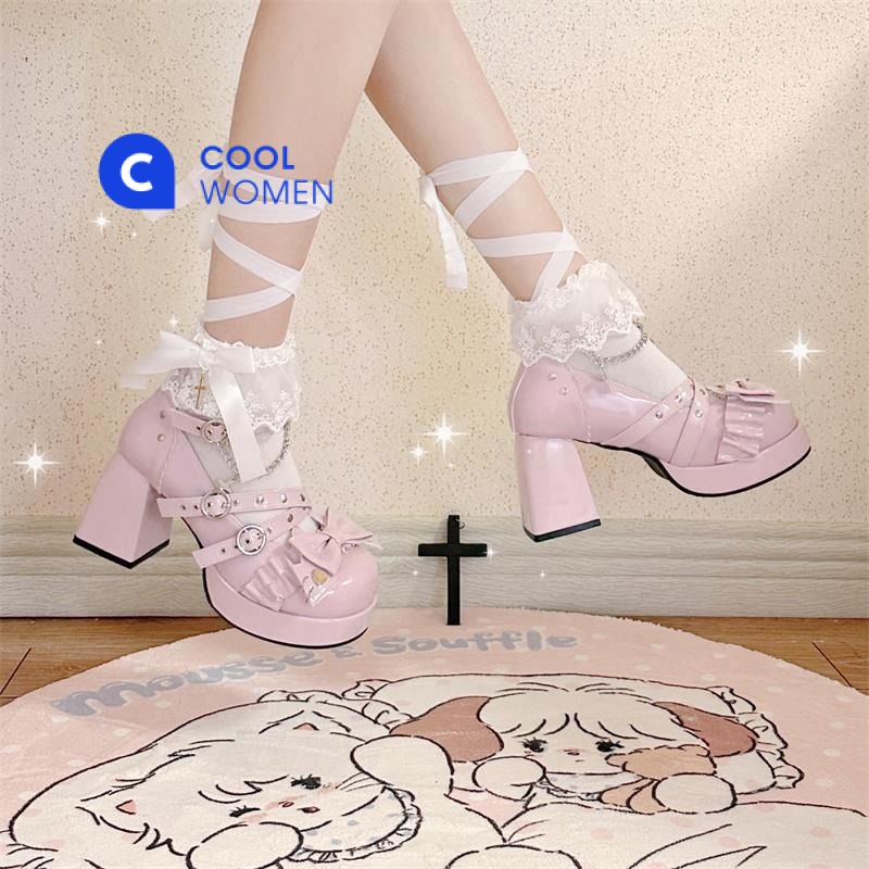 Giày Cao Gót Đế Xuồng Chống Thấm Nước Đính Nơ Phong Cách Lolita y2k