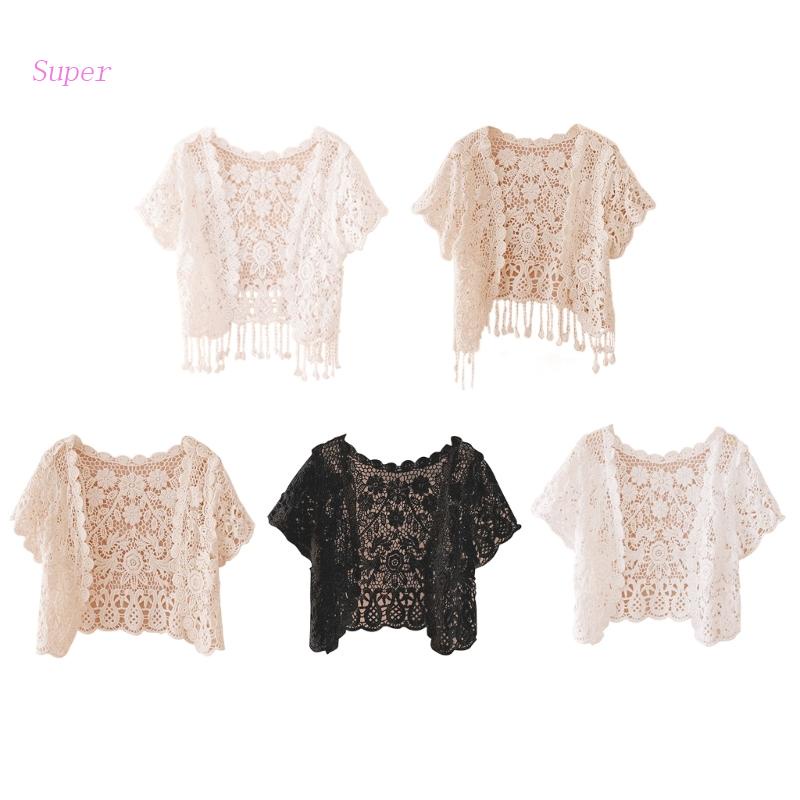 Áo Khoác Cardigan Ngắn Tay Phối Ren Hoa Tua Rua Thời Trang Cho Nữ