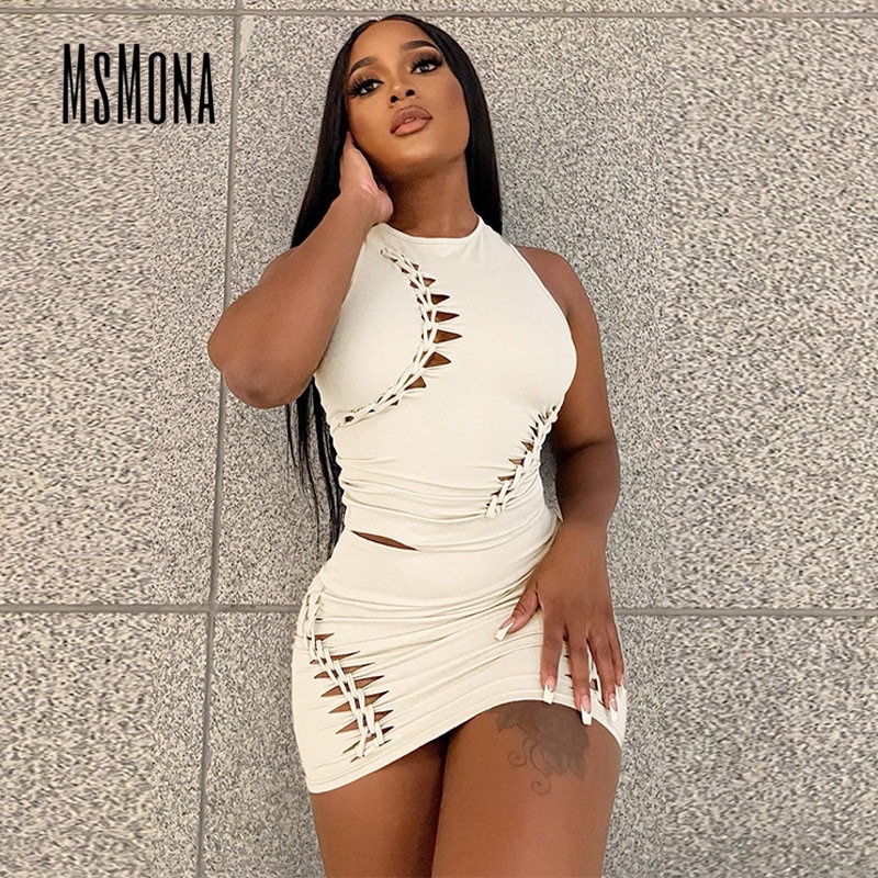 MsMona Bộ Áo Sát Nách Cổ Tròn Màu Trơn Phối Chân Váy Ôm Thời Trang 2023 Cho Nữ