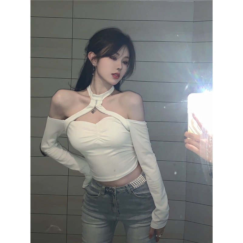 COZOK Áo Thun Tay Dài Trễ Vai Màu Sắc Đơn Giản Quyến Rũ