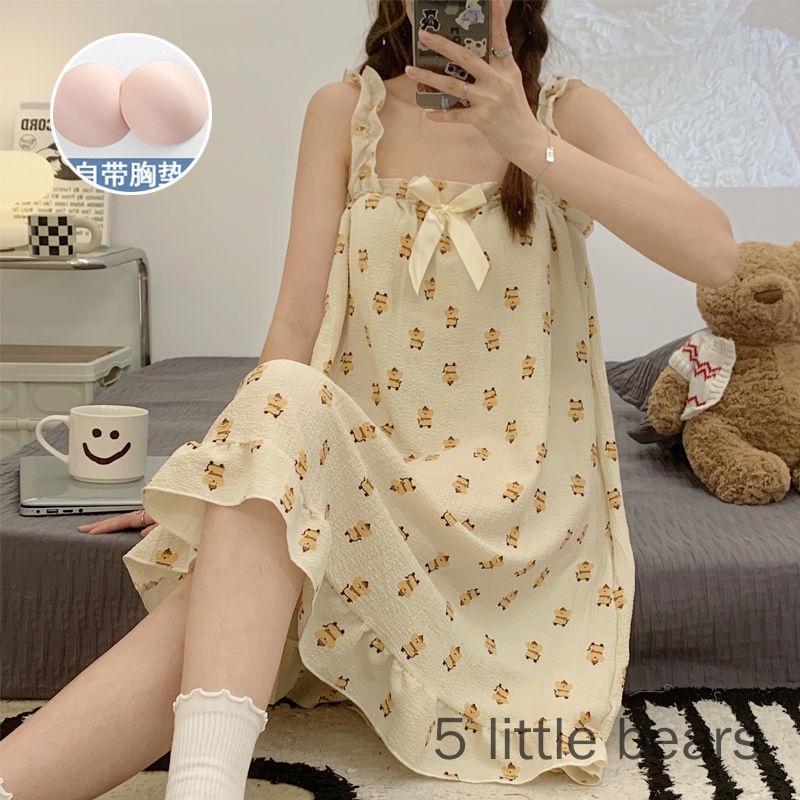 Đầm Ngủ Hai Dây Cotton Nguyên Chất Có Đệm Ngực Phong Cách Công Chúa Mùa Hè Bán Chạy Cho Nữ