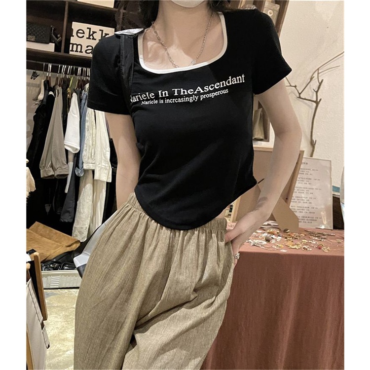 COZOK Áo Thun Ngắn Tay Cổ Vuông Thiết Kế Lệch Tà Thời Trang Cho Nữ