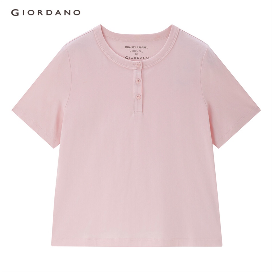 Áo thun GIORDANO 05323385 tay ngắn cổ henley màu trơn cho nữ