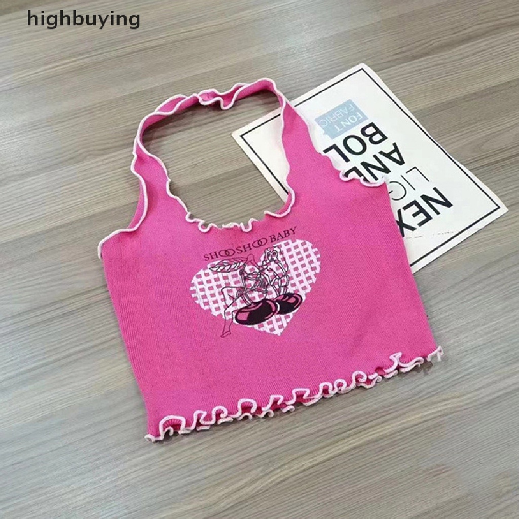 Áo Croptop Hai Dây Dệt Kim Y2K Dáng Ôm In Họa Tiết Trái Tim Xinh Xắn Thời Trang Mùa Hè Cho Nữ