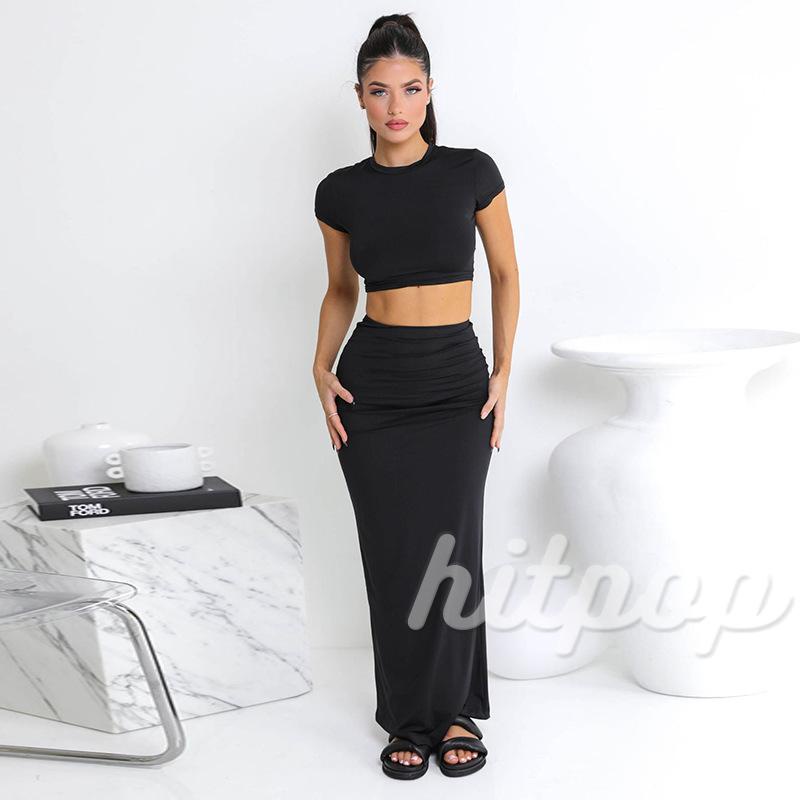 Set Áo Croptop Tay Ngắn Màu Sắc Trơn Phối Chân Váy Dài Thời Trang Xinh Xắn Cho Nữ