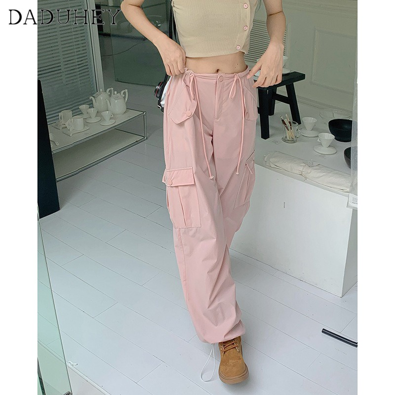 DaDuHey New American Style Y2K Pink Large Pocket Overalls High Waist Ladies Casual Pants Loose Wide Leg Pants
