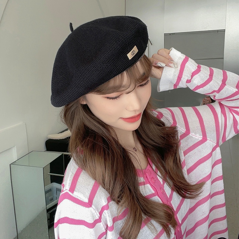 Mũ beret hè chất liệu lưới thông thoáng khí tag kim loại mới phong cách Hàn Quốc