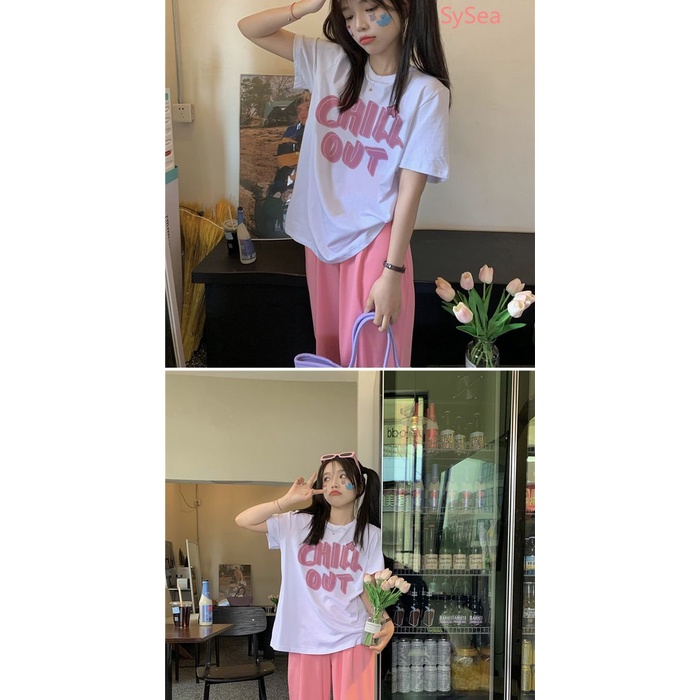 Áo Thun Dáng Rộng Cổ Tròn In Chữ Kiểu Hàn Quốc Thời Trang Mùa Hè Cho Nữ