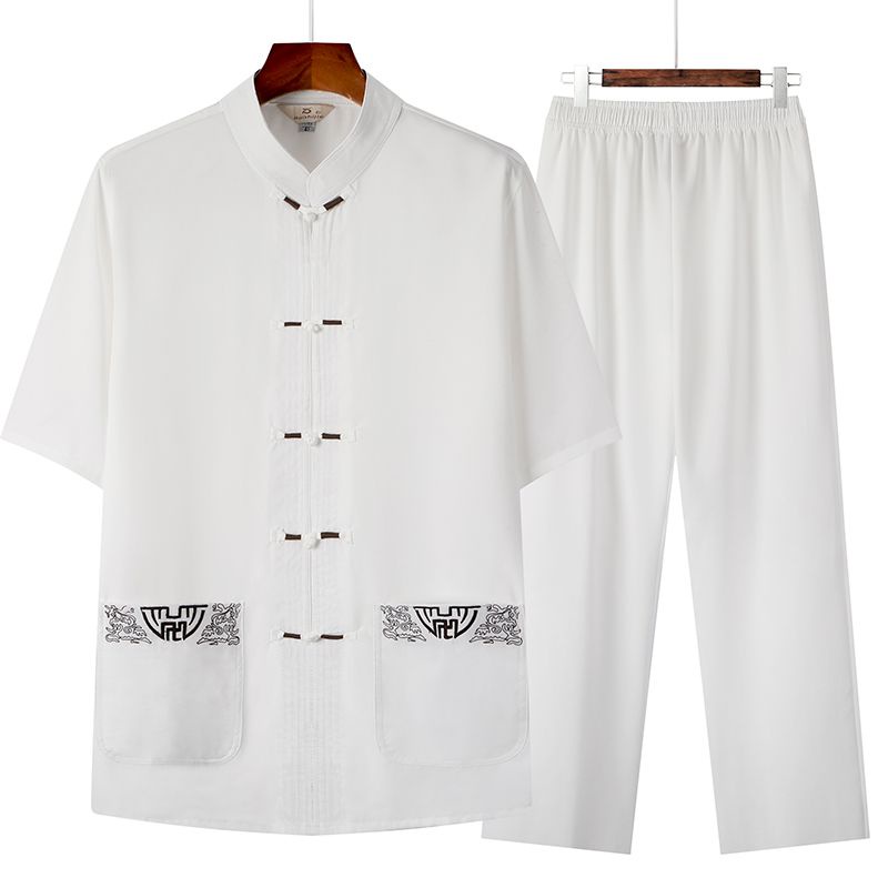 Bộ Áo Sơ Mi Tay Ngắn Phối Quần Dài Vải Lanh 40% Cotton Kiểu Trung Hoa Retro Thời Trang Mùa Hè Cho Nam Trung Niên